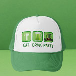 Eat Drink Party Funny St. Patrick's Day Truckerkappe<br><div class="desc">Ein cooles St. Patrick's Day Cap mit den Worten "Eat Drink and Party" neben dem Essenssymbol,  einer Tasse grünes Bier und einem Kobelhut des St. Paddy's Day.</div>