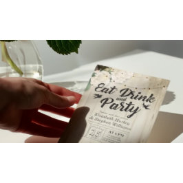 EAT Drink & Party Hochzeit Blume Holzwand Einladung