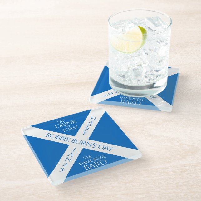 Eat Drink und Toast Robbie Burns Schottische Flagg Glasuntersetzer (Schrägansicht)