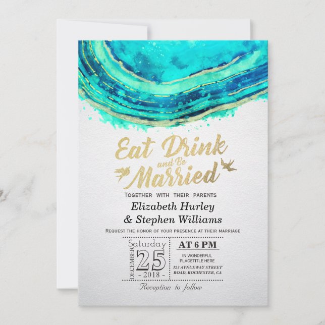 EAT Drink Verheiratet Hochzeit Aquamarinen Gold Ag Einladung (Vorderseite)