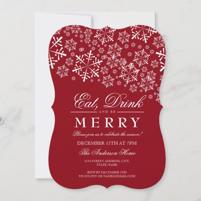 Eat Drinks Be Merry Schneeflocken Rotes Weihnachts Einladung (Vorderseite)