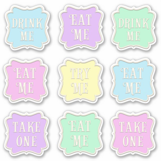 "Eat Me" "Drink Me" Wunderland Party Pastel Aufkleber (Vorderseite)