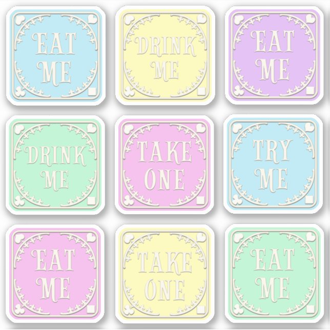 "Eat Me" "Drink Me" Wunderland Tee Party Whimsical Aufkleber (Vorderseite)