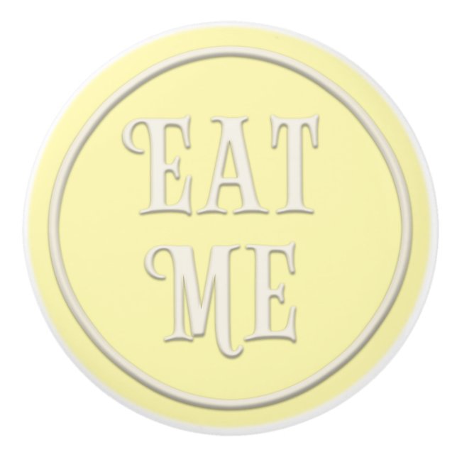 "Eat Me" Wunderland Tee Party Pastel Gelb Keramikknauf (Vorderseite)