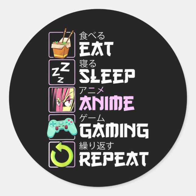 Eat Sleep Anime Gaming Repeat Kawaii Otaku Anime Runder Aufkleber (Vorderseite)