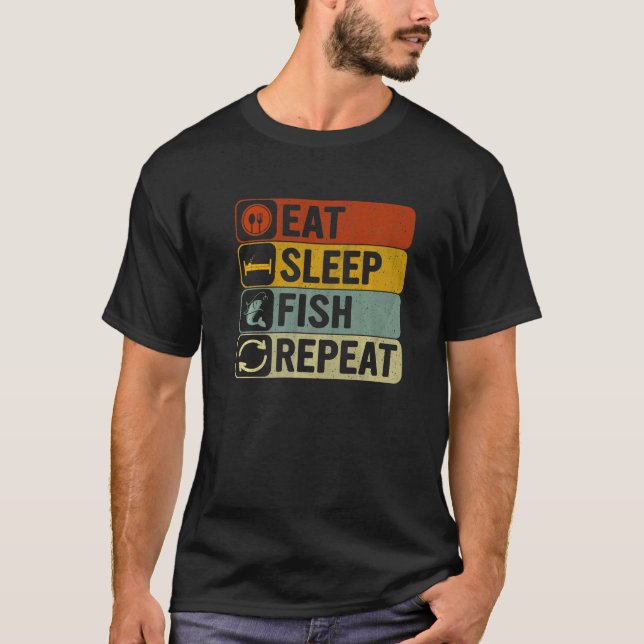 Eat Sleep Fish Repeat Retro 60s 70s Fishing T-Shirt (Vorderseite)