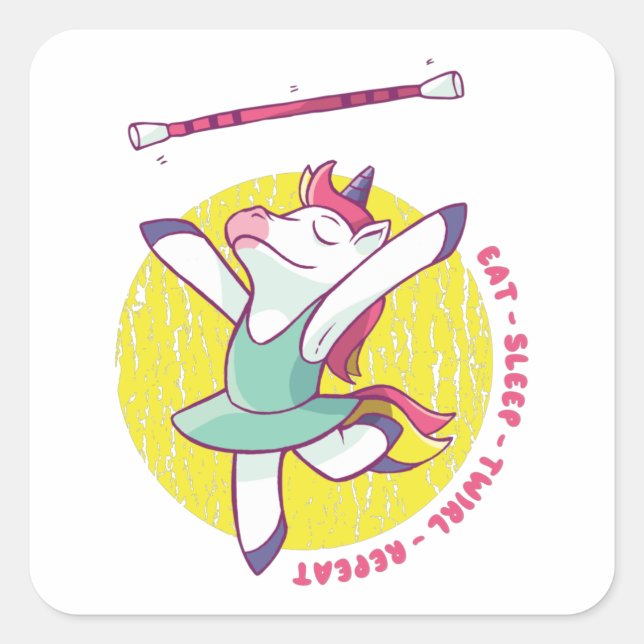 EAT SLEEP TWIRL UNICORN QUADRATISCHER AUFKLEBER (Vorderseite)