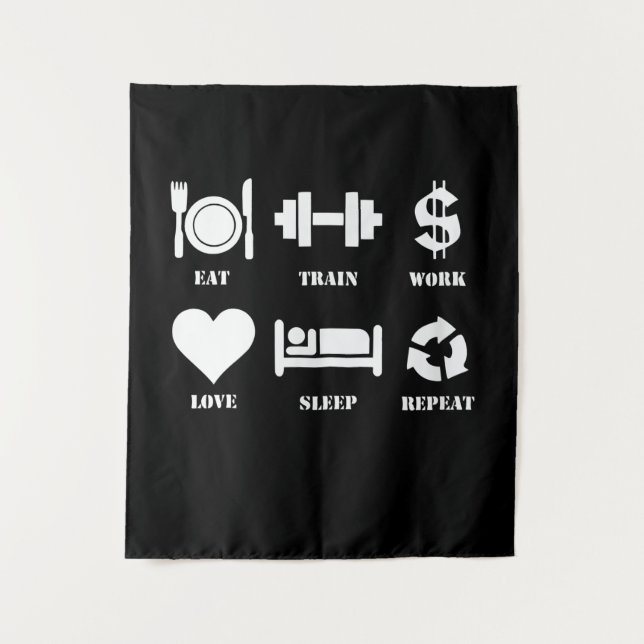 Eat Train Work Love Sleep Repeat Motivational Gym Wandteppich (Vorderseite)