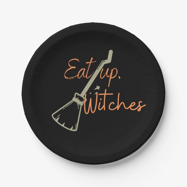 Eat Up Hexen Broomstick Schwarzes Halloween-Party Pappteller (Vorderseite)
