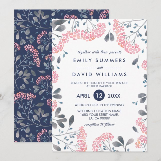 Eau rose Fleurs Cadres Mariage Invitation (Devant / Derrière)