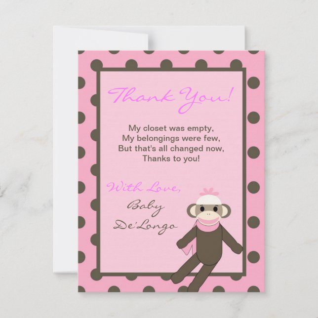 EBENE 4x5 danken Ihnen, rosa Socken-Affen zu Dankeskarte (Vorderseite)