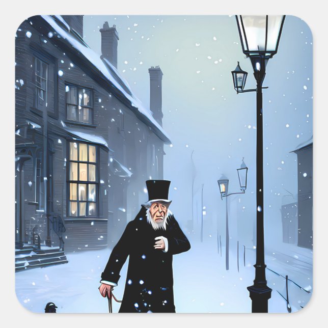 Ebenezer Scrooge Snowy Viktorianisch Street Quadratischer Aufkleber (Vorderseite)