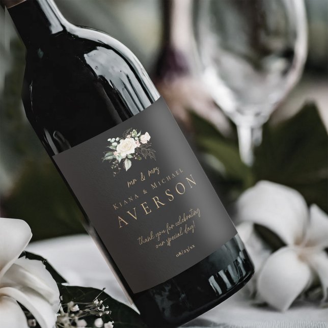 Ebony and Ivory Floral Wedding Mr. & Mrs. ID989 Weinetikett (Von Creator hochgeladen)