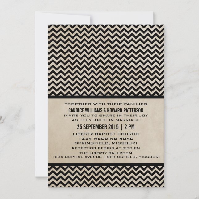 Ebony Chic Zickzack Wedding Einladung (Vorderseite)