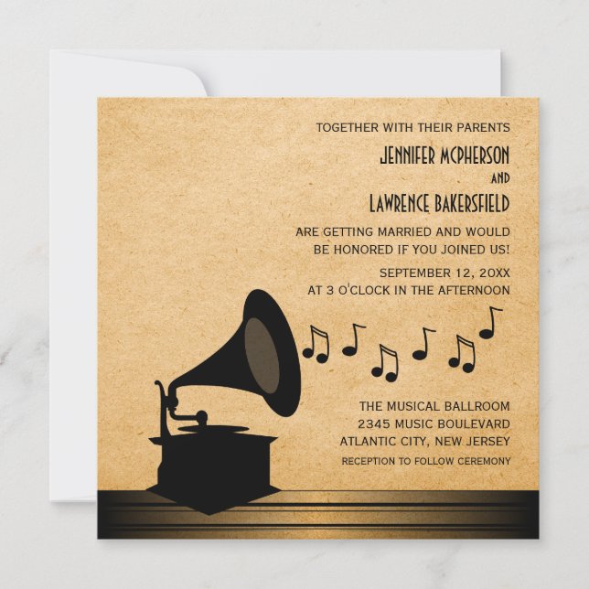 Ebony Vintage Gramophone Wedding Invitation v2 (Devant)