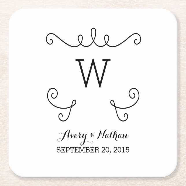 Ebony Whimsical Blühe Monogram Paper Untersetzer (Vorderseite)