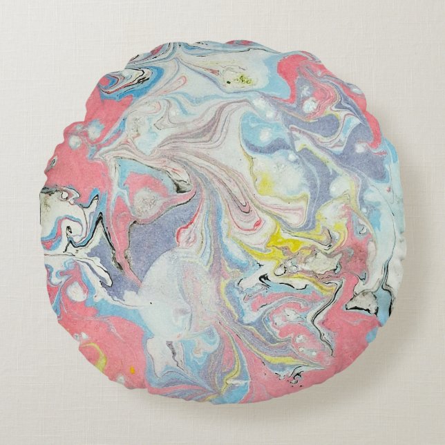 Ebru Art Pastel Abstract Marbled Rundes Kissen (Vorderseite)