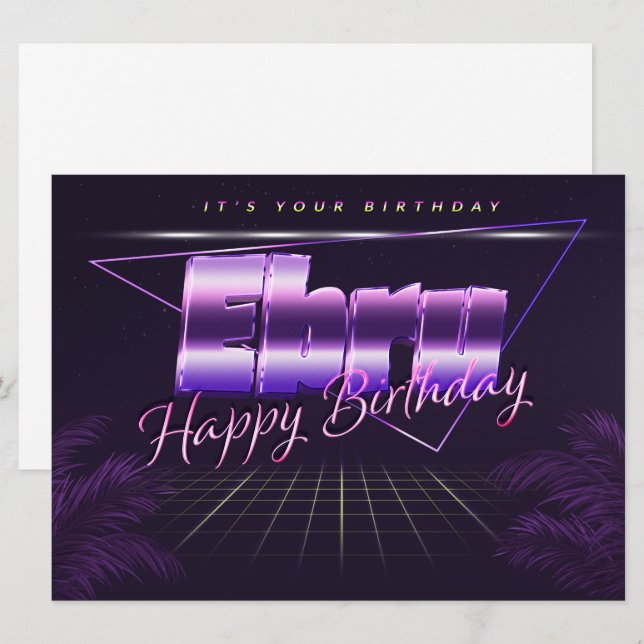 Ebru Name Vorname lila retro Karte Geburtstag (Vorne/Hinten)