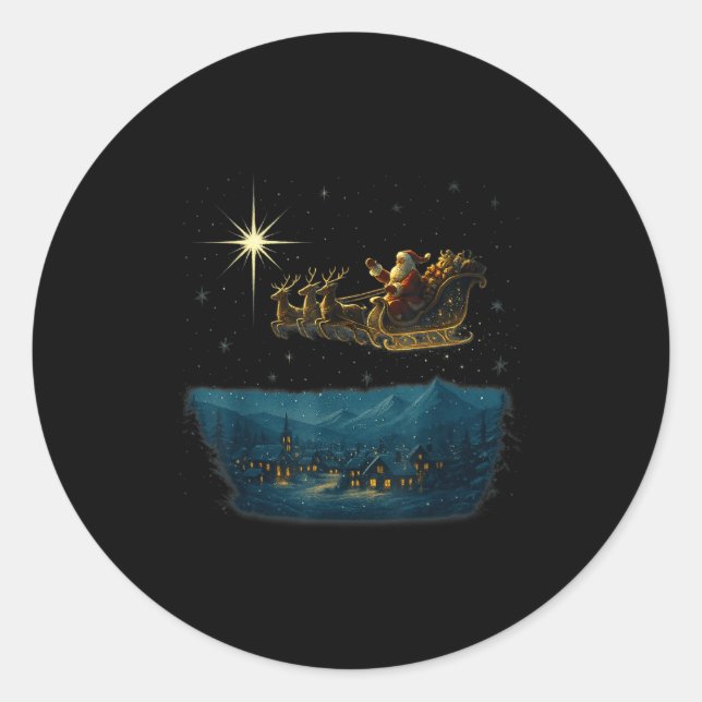 Ec Santa Sleigh With And Stars  Runder Aufkleber (Vorderseite)