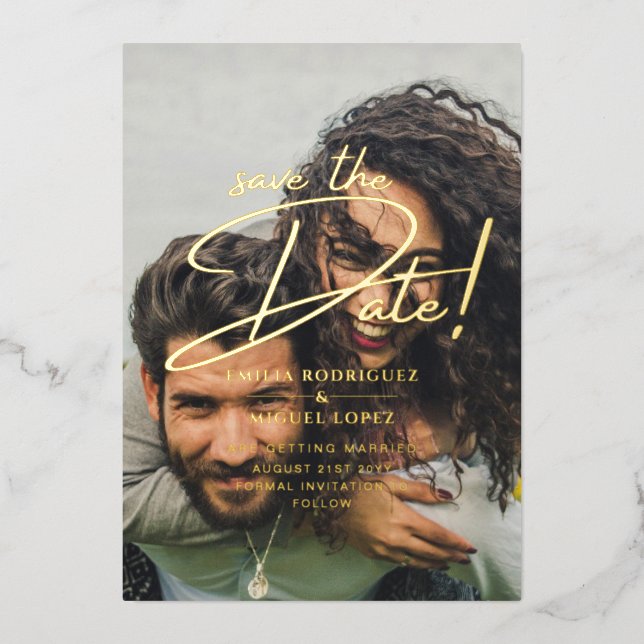 Echte GOLD Foil Foto Overlay Save the Date Hochzei Folieneinladung (Vorderseite)
