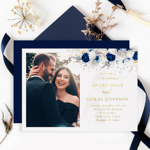 Echte Goldene Moderne Blaue Blumen Foto Hochzeit Folieneinladung