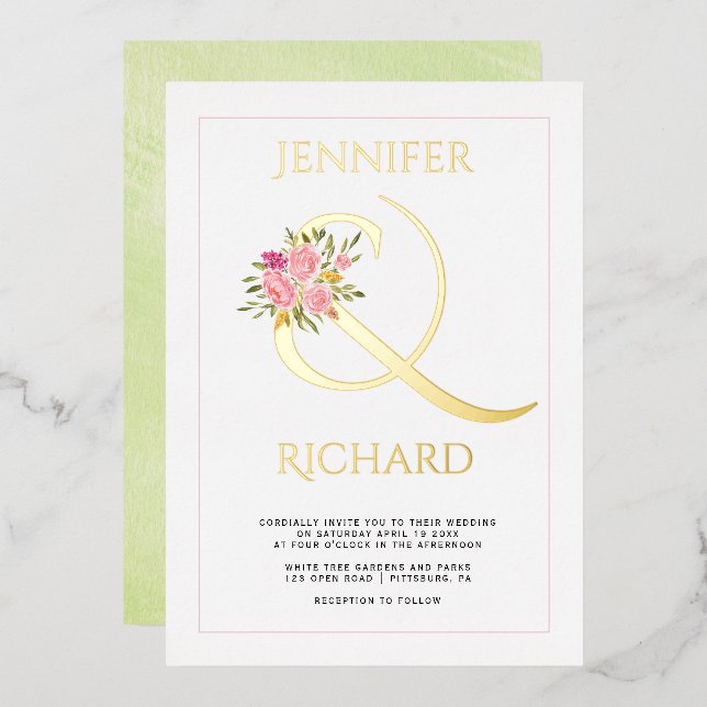 Echte Goldfolie Ampere und rosa Rosen Grüne Hochze Folieneinladung (Vorderseite/Rückseite)