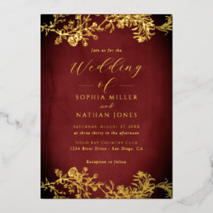 Echte Goldfolie Blumen-Spitzenmuster Schrift Rot H Folieneinladung