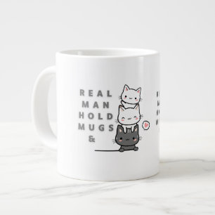 Echte Männer halten Tasse und Katzen mit drei Fäka