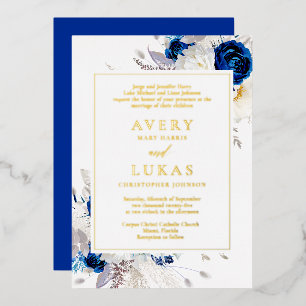Echte moderne königsblaue Blumen Hochzeit Folieneinladung