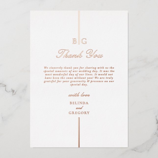 Echte Rose Gold Foil Monogram Wedding Vielen Dank Folieneinladung (Vorderseite)