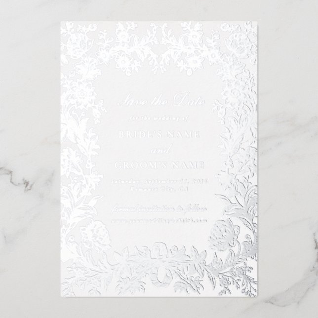Echte Silber Foil Floral Wedding Save the Date Car Folieneinladung (Vorderseite)
