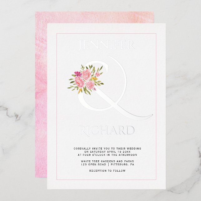 Echte Silberfolie Ampersand und rosa Rosen Hochzei Folieneinladung (Vorderseite/Rückseite)