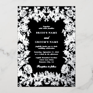 Echte Silberfolie Floral Botanisch Schwarze Hochze Folieneinladung