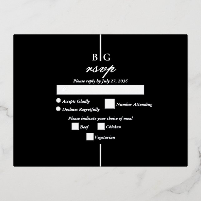 Echte Silver Foil Black Monogram Wedding RSVP Folie Einladungspostkarte (Vorderseite)