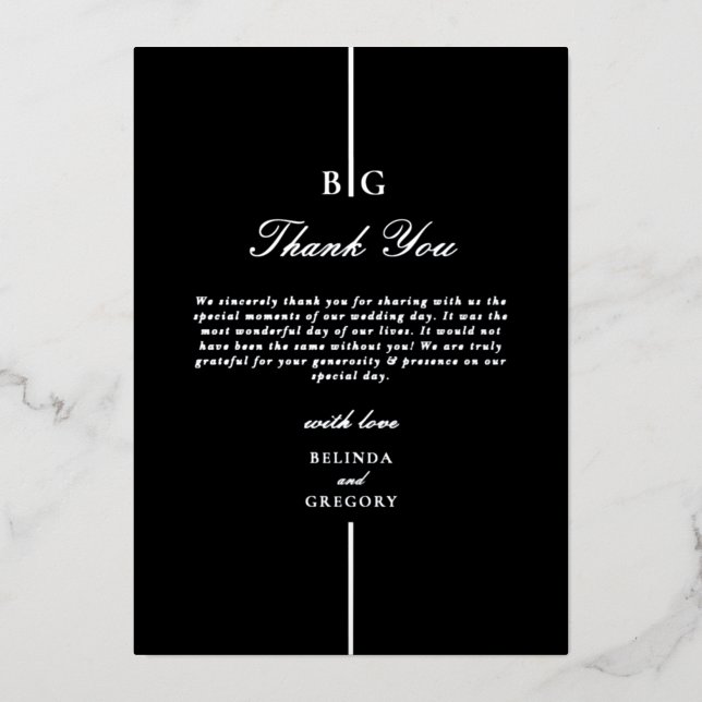 Echte Silver Foil Black Monogram Wedding Vielen Da Folieneinladung (Vorderseite)