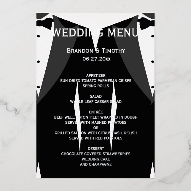 Echte Silver Foil Gay Wedding Menu Card Folieneinladung (Vorderseite)