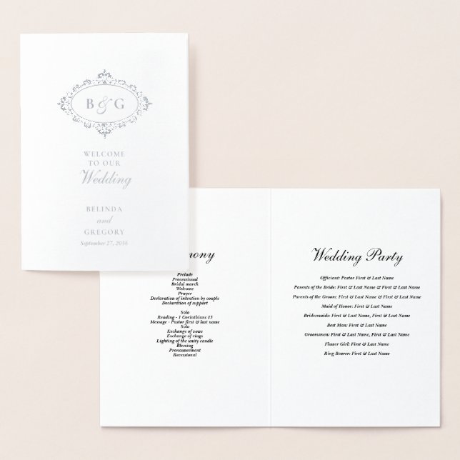 Echte Silver Foil Wedding Order of Service Program Folienkarte (Anzeige)