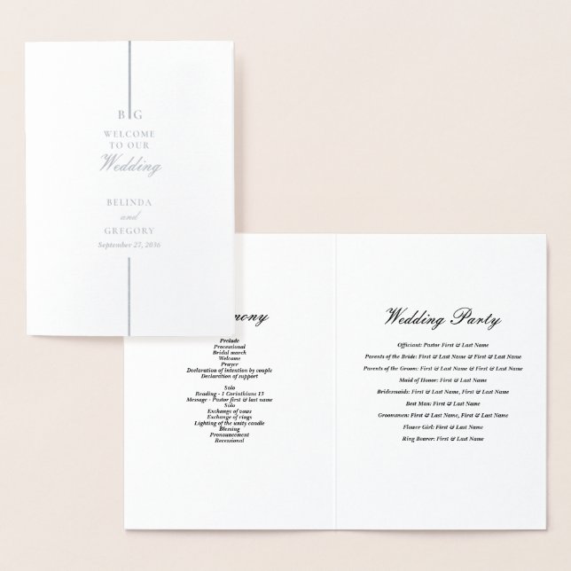 Echte Silver Foil Wedding Order of Service Program Folienkarte (Anzeige)