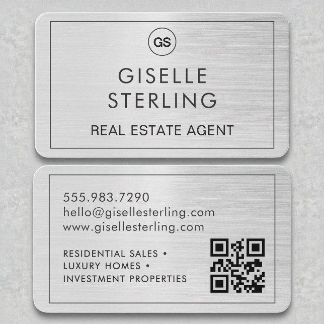 Echter Anwesen Agent Pinsel Silver Monogram QR Cod Visitenkarte (Von Creator hochgeladen)