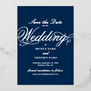 Echter Silberstreifen Hochzeit Navy Blau Save the Folieneinladung