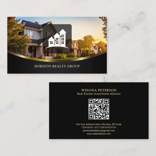 Echtes Anwesen mit House Foto, Gold Akzent, QR Cod Visitenkarte (Vorne/Hinten)