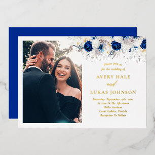 Echtes Gold und königsblaue Blumen Foto-Hochzeit Folieneinladung