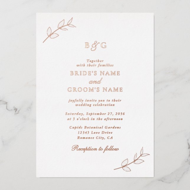 Echtes Rose-Gold-Foil-Blätter Monogram-Hochzeit Folieneinladung (Vorderseite)