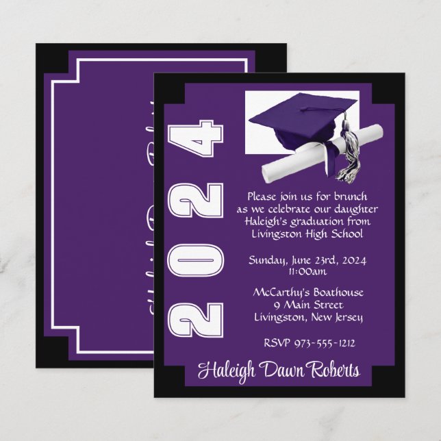 Eckblock Lila und Schwarzer Abschluss Einladung (Vorne/Hinten)