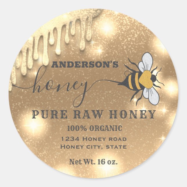 Éclairage gouttes Bee script miel jarre étiquette (Devant)