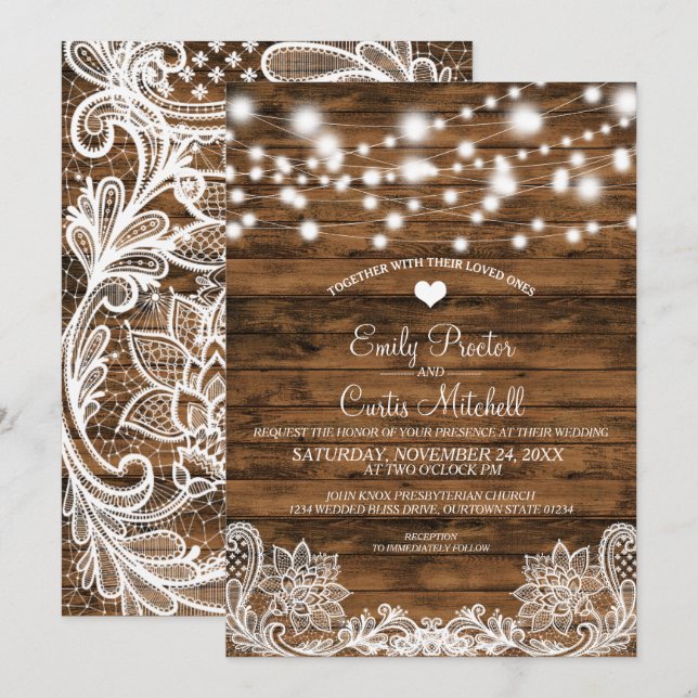 Éclairages à cordes Faire-part de mariage bois et  (Devant / Derrière)