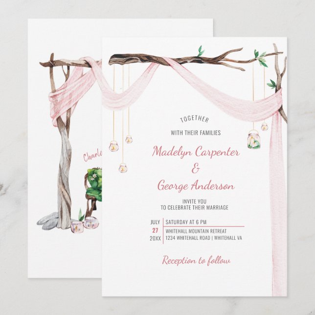 Eclectic Romance - Pink Drape Mason Jar Lights Einladung (Vorne/Hinten)