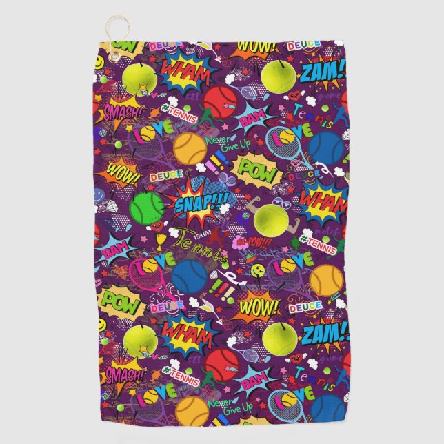 🎾 Eclectic Tennis 🎾 Muster lila Golfhandtuch (Vorderseite)