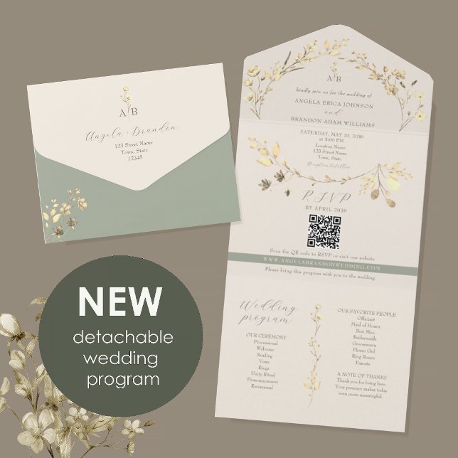 Eco-Friendly Sage Green Gold Wedding All In One Einladung (Von Creator hochgeladen)