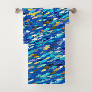 École de poisson, bleu foncé, blanc et turquoise